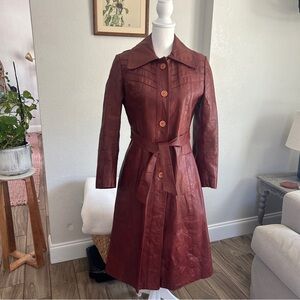 Vintage red brown leather 70s trench coat
